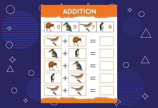 Addition with different birds for kids. An educational worksheet for kids. Vector design
