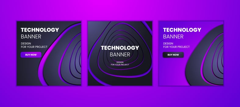 Modern technology banners collection in geometry style. Futuristic hi-tech colorful background set. Vector illustration. Dynamic neon abstractions for typography, design frame for social media post.
