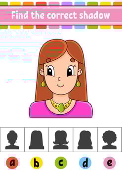 Find the correct shadow. Education developing worksheet. Activity page. Color game for children. Isolated vector illustration. Cartoon character.