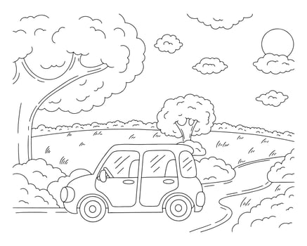 Wonderful natural landscape. Coloring book page for kids. Cartoon style. The car is driving along the road along the forest. Vector illustration isolated on white background.