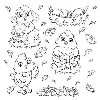 Coloring book page for kids. Easter theme. Cartoon style character. Vector illustration isolated on white background.