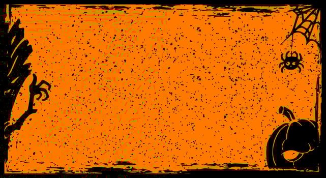 Grunge Halloween background with black spider, pumpkin, zombie tree, illustration vector