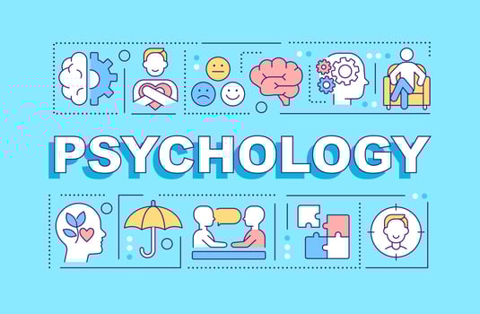 Psychology word concepts blue banner. Patient service and therapy. Infographics with icons on color background. Isolated typography. Vector illustration with text.