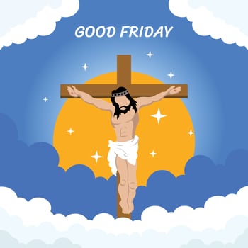 illustration vector graphic of jesus on the cross in the midst of white clouds, showing the sun in the blue sky, perfect for religion, holiday, culture, greeting card, etc.