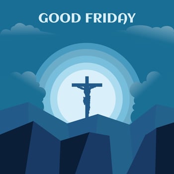 illustration vector graphic of jesus on the cross in the middle of the hill at night, showing the moonlight, perfect for religion, holiday, culture, greeting card, etc.