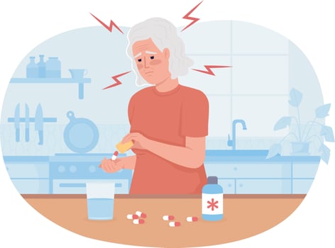Old woman with migraine taking medication 2D vector isolated illustration. Painkiller flat character on cartoon background. Health colourful editable scene for mobile, website, presentation
