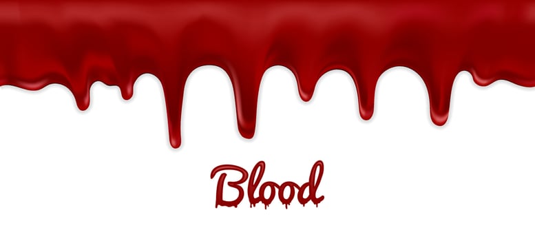 Realistic blood flowing isolated on white background. Drops and liquid splashes. Can be used on medical, halloween scary party, medical, flyers, banners or web. Vector illustration