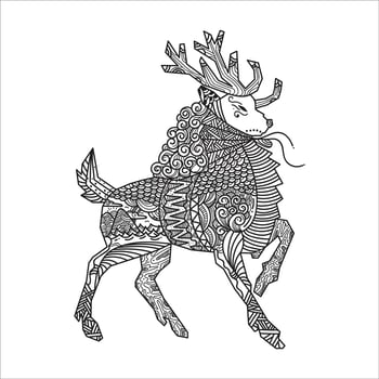Moose, woodland animal. Forest landscape. Coloring Page. Colouring picture. Adult Coloring Book idea. Freehand sketch drawing. Vector illustration.