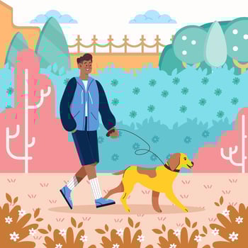 Man And His Dog Walk In Park Concept vector