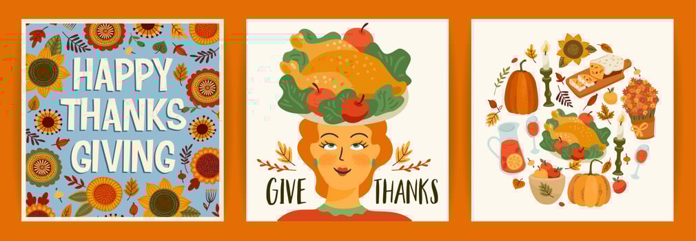 Happy Thanksgiving illustrations. Set of vector designs for card, poster, flyer, web and other use
