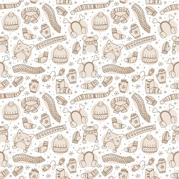 Hand-drawn winter clothing. Seamless pattern. Endless ornament. Vector illustration in doodle style. Winter mood. Hello 2023. Merry Christmas and Happy New Year. Brown elements on a white background.