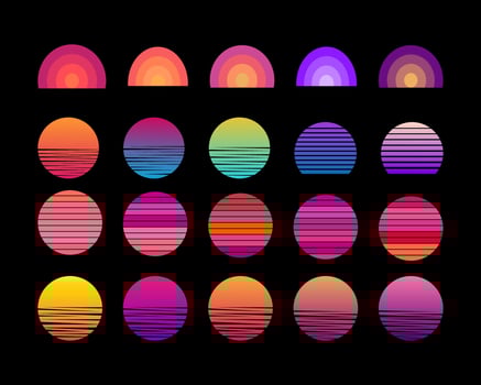 Vintage sunset collection in 70s 80s style. Regular and distressed retro sunset set. Five options with textured versions. Circular gradient background. T shirt design element. vector