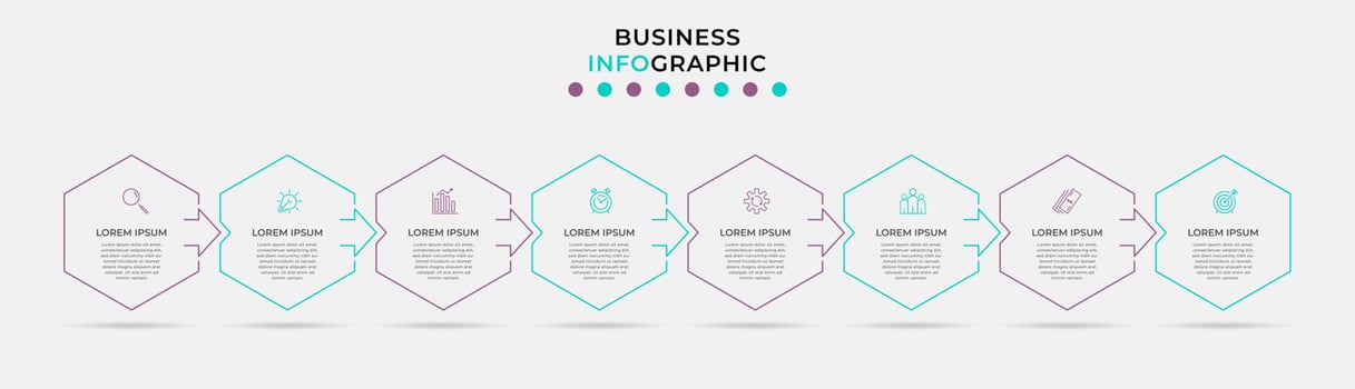 Vector Infographic design business template with icons and 8 options or steps. Can be used for process diagram, presentations, workflow layout, banner, flow chart, info graph