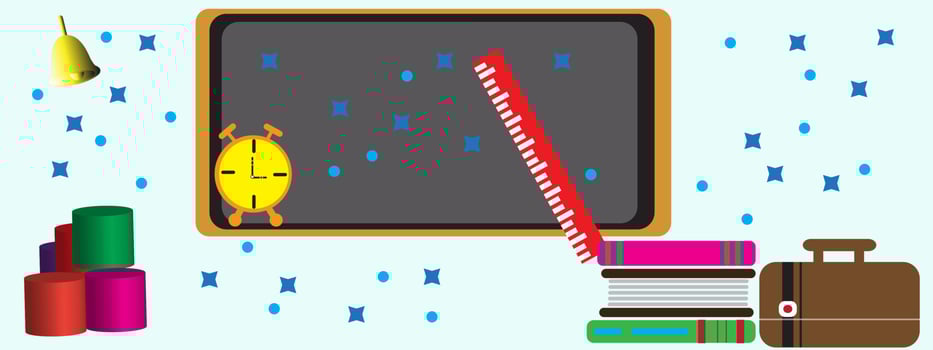 Back to school light blue background with alarm clock, book and ruler icons. vector