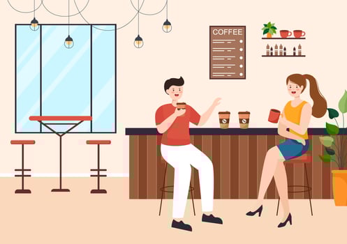 International Coffee Day on October 1st Flat Cartoon Illustration Hand Drawn with Cocoa Beans and People Drinking a Cup in Cafe vector