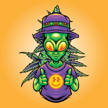 Funky alien smile emoticons with weed leaf illustrations vector