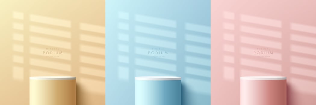 Set of pink, yellow, blue and white realistic 3d cylinder stand or podium with window shadow overlay background. Vector geometric form. Abstract minimal scene for products showcase, Promotion display.