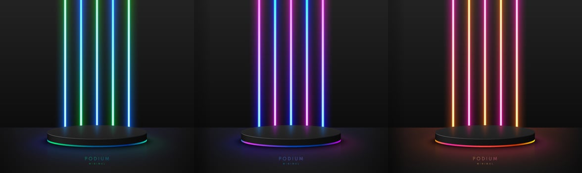 Set of realistic black 3D cylinder pedestal podium with red, pink, blue, yellow glowing vertical light neon background. Abstract minimal scene. Mockup products, Stage showcase, Vector geometric forms.