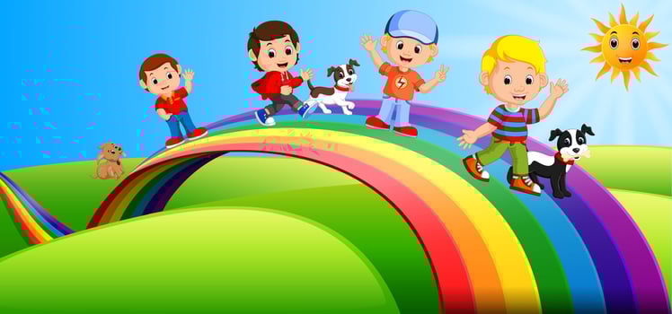 Happy kids and dogs standing over the rainbow vector