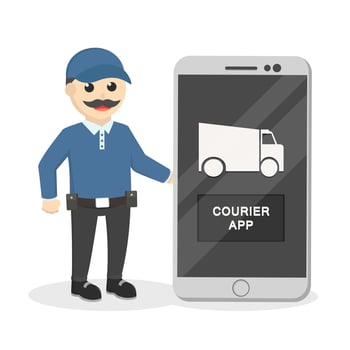 delivery man with smartphone delivery app design character on white background vector