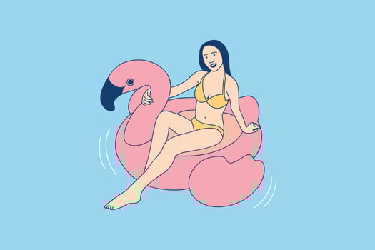 Illustrations of Beautiful woman enjoy summer on an inflatable flamingo pool vector