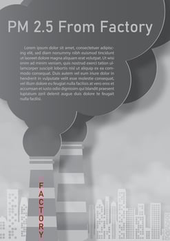 Closeup and crop of fectory chimney with example texts on giant smoke and pm 2.5 bad fog, landscape city view and gray background. All in vector design and paper cut style.