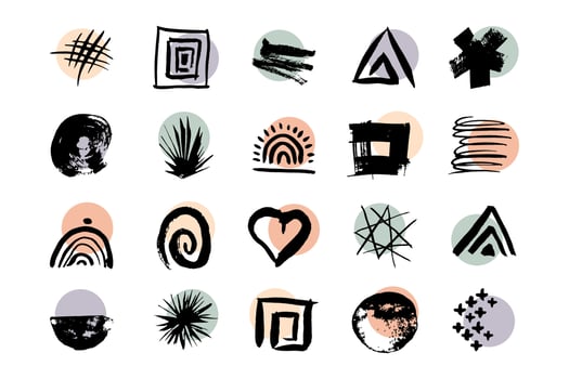 Set of various vector highlight covers. Abstract backgrounds. Various shapes, lines, spots, dots,  leaves, floral, doodle objects. Hand drawn templates. Round icons for social media stories.