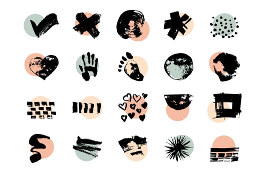 Set of various vector highlight covers. Abstract backgrounds. Various shapes, lines, spots, dots,  leaves, floral, doodle objects. Hand drawn templates. Round icons for social media stories.
