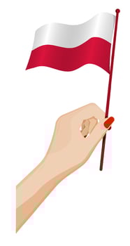 Female hand gently holds small flag of Poland. Holiday design element. Cartoon vector on white background