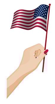 Female hand gently holds small american flag. Holiday design element. Cartoon vector on white background