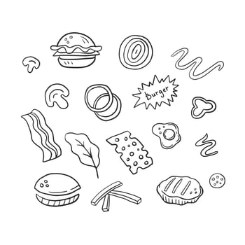 Doodle burger with ingredients set vector
