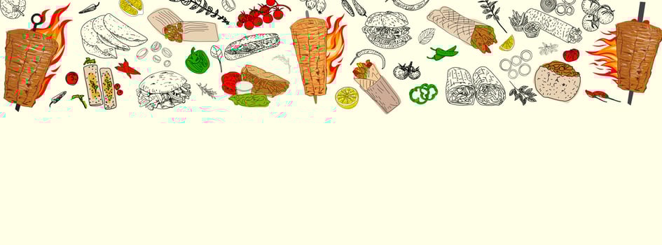 Shawarma cooking and ingredients for kebab. vector