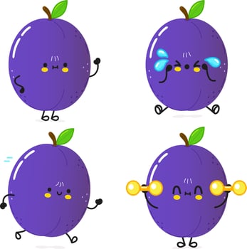 Funny cute happy plum characters bundle set. Vector hand drawn doodle style cartoon character illustration icon design. Cute plum mascot character collection