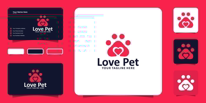 pet paw and heart logo design inspiration and business card vector