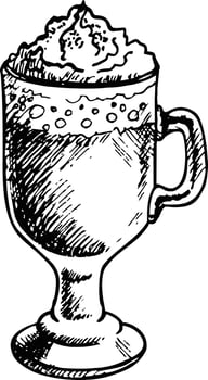 Vector Sketch Glass with Irish Coffee with cream foam. Irish cream coffee. Vector hand drawing illustration. Hot drink with whisky