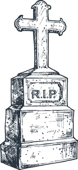 Old marble stone tombstone with christian cross. Sketch symbol of Jesus, death, cemetery, Christianity, religion, faith and resurrection.  For funeral service, card or last farewell card vector