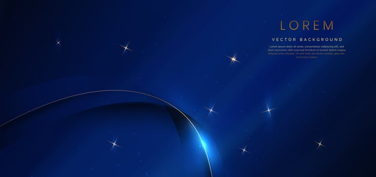 Abstract 3d gold curved dark blue ribbon on dark blue background with lighting effect and sparkle with copy space for text. Luxury design style. vector