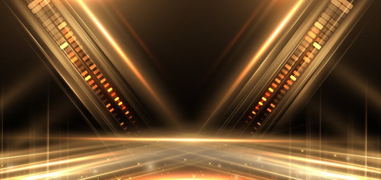 Elegant golden stage diagonal glowing with lighting effect sparkle on black background. Template premium award design. vector