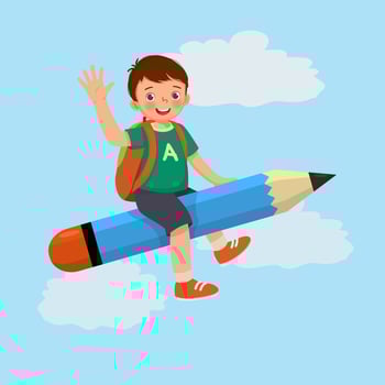 cute little boy student with backpack riding on flying pencil waving hand go to school vector