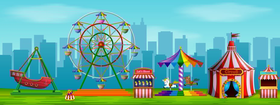Amusement park scene at daytime with city background vector