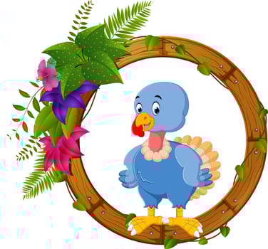 turkey bird on round wood frame vector