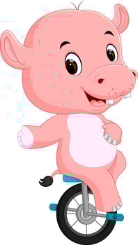 cute happy hippopotamus riding unicycle vector