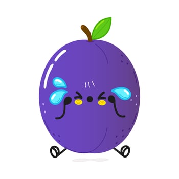 Cute sad plum character. Vector hand drawn cartoon kawaii character illustration icon. Isolated on white background. Sad plum character concept