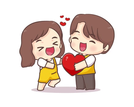 Cute lovers couple greeting pose. Boy giving red love heart. Happy valentine chibi cartoon character. vector