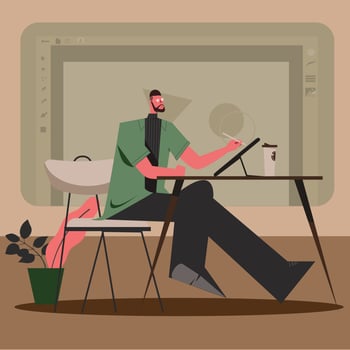 artist working outside with cup of coffee vector