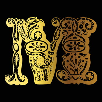 Golden color tattoo design M on black background vector