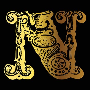 Golden color tattoo design N on black background vector