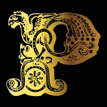 Golden color tattoo design P on black background vector