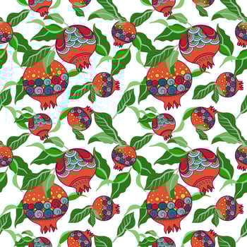 Colorful Pomegranate fruit with geometric pattern and green leaves in seamless pattern style. Texture, wrapper, pattern or printing. Flat vector image.
