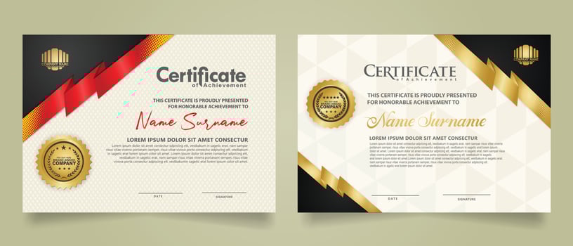 set certificate template with ribbon stripes ornament and modern texture pattern background. Diploma. Vector illustration